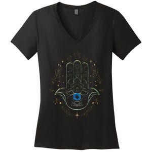 Evil Eye Hamsa Hand Nazar Amulet Protection Celestial Yoga Women's V-Neck T-Shirt