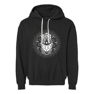 Evil Eye Hamsa Hand Mandala Yoga Meditation Spiritual Garment-Dyed Fleece Hoodie