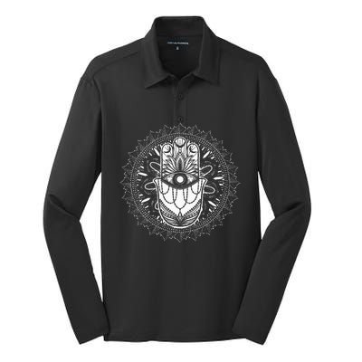 Evil Eye Hamsa Hand Mandala Yoga Meditation Spiritual Silk Touch Performance Long Sleeve Polo