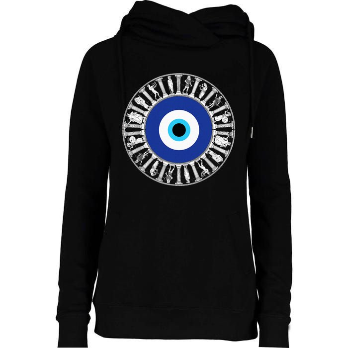 Evil Eye In Greek Key Circle Greek Key Around Greek Evil Eye Womens Funnel Neck Pullover Hood