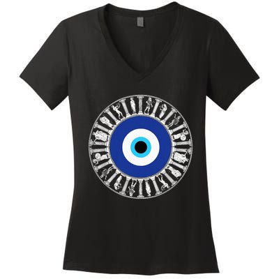 Evil Eye In Greek Key Circle Greek Key Around Greek Evil Eye Women's V-Neck T-Shirt