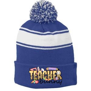 Easter Eggs Leopard Teacher Funny Bunny Easter Day Stripe Pom Pom Beanie