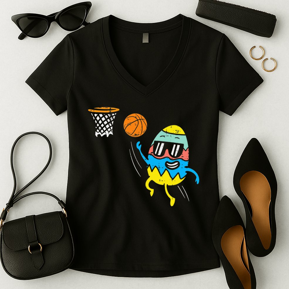 Easter Egg Playing Basketball Cute Sports Women's V-Neck T-Shirt