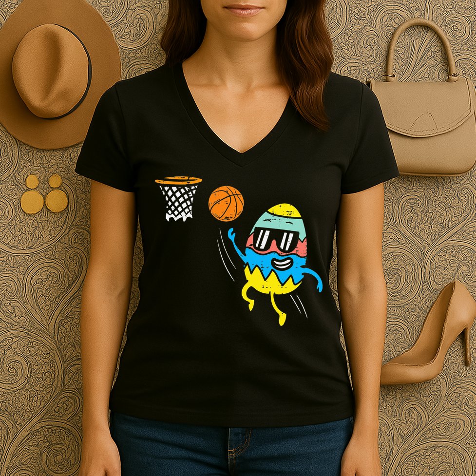 Easter Egg Playing Basketball Cute Sports Women's V-Neck T-Shirt
