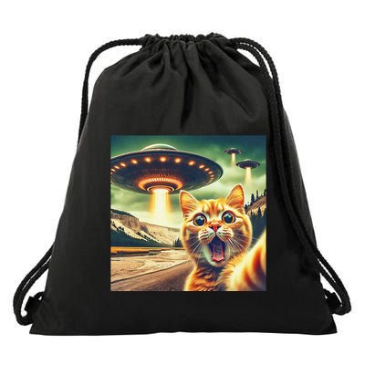 Extraterrestrial Encounter Retro Funny Cat Selfie With Ufos Drawstring Bag