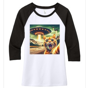 Extraterrestrial Encounter Retro Funny Cat Selfie With Ufos Women's Tri-Blend 3/4-Sleeve Raglan Shirt