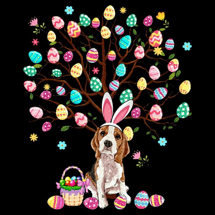 Easter Eggs Tree Beagle Dog Wearing Bunny Ear Button