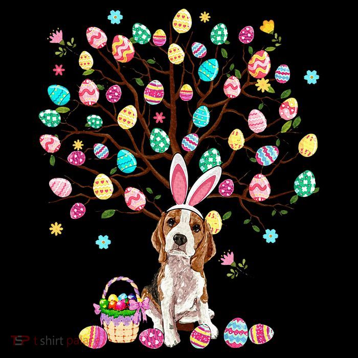 Easter Eggs Tree Beagle Dog Wearing Bunny Ear Pom Pom 12in Knit Beanie