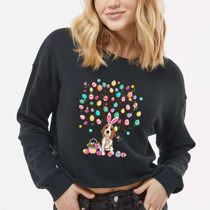 Easter Eggs Tree Beagle Dog Wearing Bunny Ear Cropped Pullover Crew