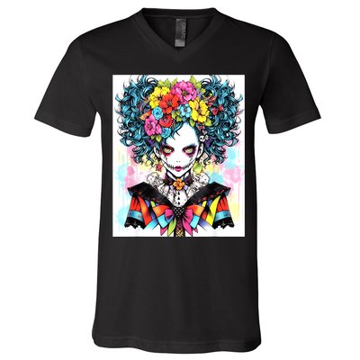 Elegant Edge: Vibrant Rebellious Design With Floral Accents V-Neck T-Shirt