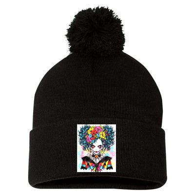 Elegant Edge: Vibrant Rebellious Design With Floral Accents Pom Pom 12in Knit Beanie