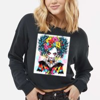 Elegant Edge: Vibrant Rebellious Design With Floral Accents Cropped Pullover Crew