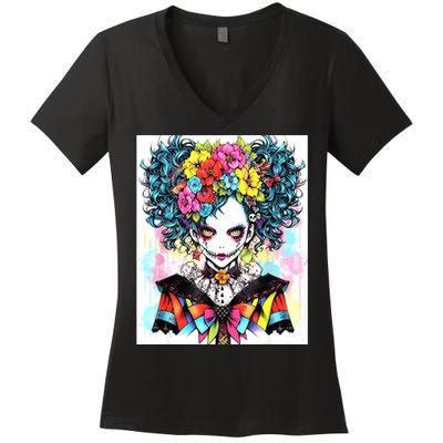 Elegant Edge: Vibrant Rebellious Design With Floral Accents Women's V-Neck T-Shirt