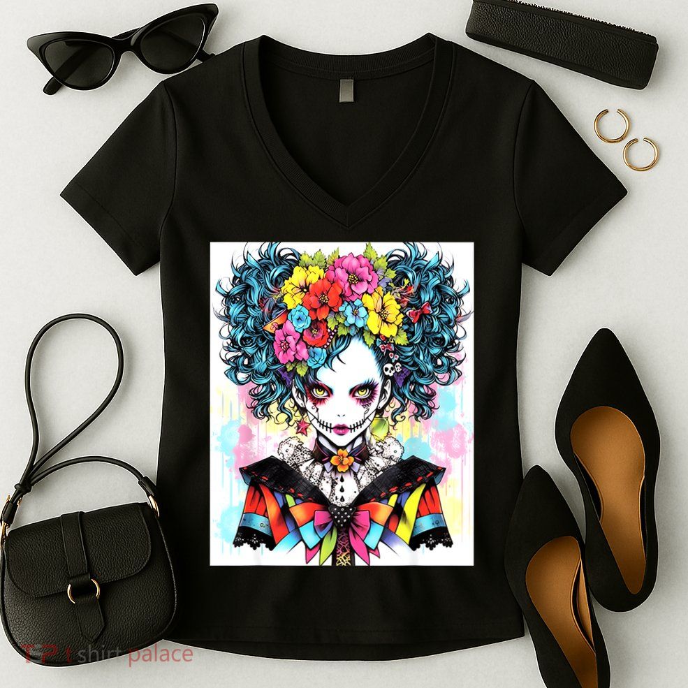 Elegant Edge: Vibrant Rebellious Design With Floral Accents Women's V-Neck T-Shirt