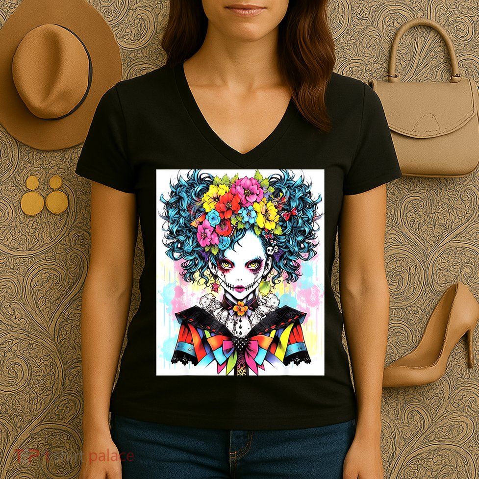 Elegant Edge: Vibrant Rebellious Design With Floral Accents Women's V-Neck T-Shirt