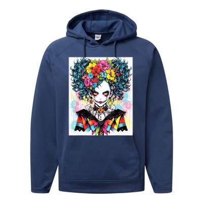 Elegant Edge: Vibrant Rebellious Design With Floral Accents Performance Fleece Hoodie