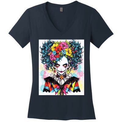 Elegant Edge: Vibrant Rebellious Design With Floral Accents Women's V-Neck T-Shirt