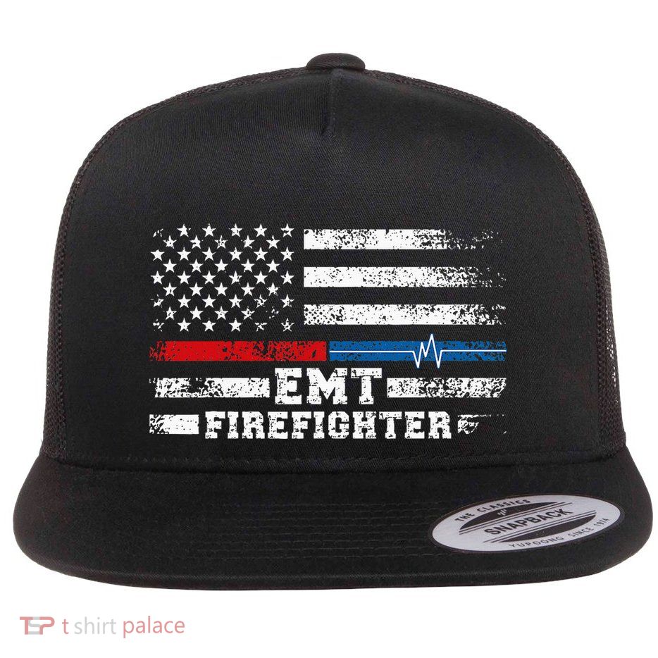 Emt Firefighter American Flag Proud Firefighter Emt Flat Bill Trucker Hat