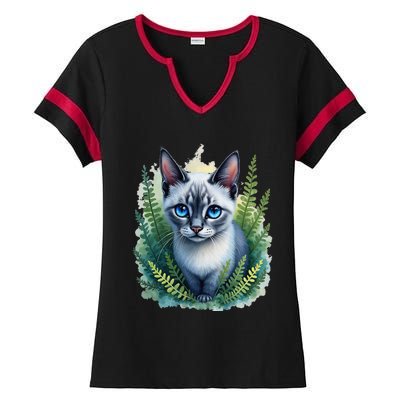 Enchanted Forest Blue Eyed Cat For Pet Lovers Flowers Ladies Halftime Notch Neck Tee