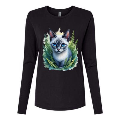 Enchanted Forest Blue Eyed Cat For Pet Lovers Flowers Womens Cotton Relaxed Long Sleeve T-Shirt