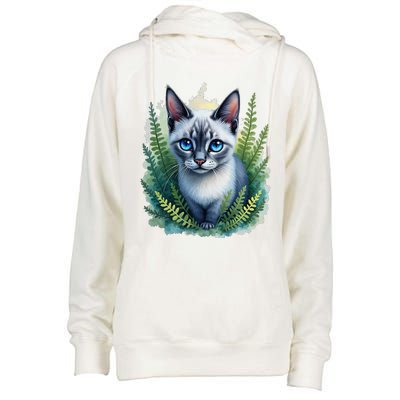 Enchanted Forest Blue Eyed Cat For Pet Lovers Flowers Womens Funnel Neck Pullover Hood