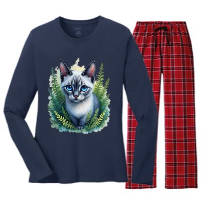 Enchanted Forest Blue Eyed Cat For Pet Lovers Flowers Women's Long Sleeve Flannel Pajama Set 