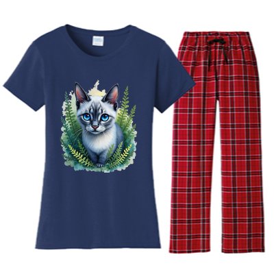 Enchanted Forest Blue Eyed Cat For Pet Lovers Flowers Women's Flannel Pajama Set