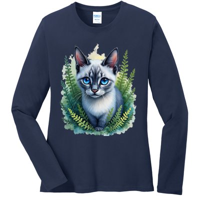 Enchanted Forest Blue Eyed Cat For Pet Lovers Flowers Ladies Long Sleeve Shirt