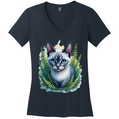 Enchanted Forest Blue Eyed Cat For Pet Lovers Flowers Women's V-Neck T-Shirt