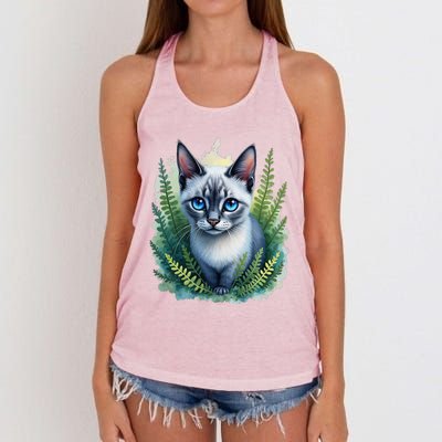 Enchanted Forest Blue Eyed Cat For Pet Lovers Flowers Women's Knotted Racerback Tank