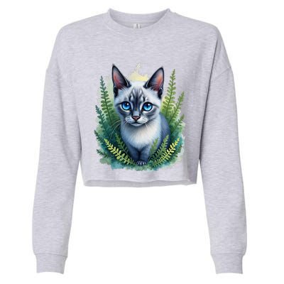 Enchanted Forest Blue Eyed Cat For Pet Lovers Flowers Cropped Pullover Crew