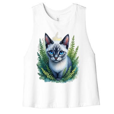 Enchanted Forest Blue Eyed Cat For Pet Lovers Flowers Women's Racerback Cropped Tank