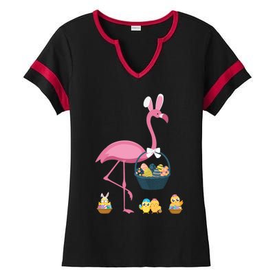 Easter Flamingo Basket Stuffer Rabbit Wading Bird Design Great Gift Ladies Halftime Notch Neck Tee