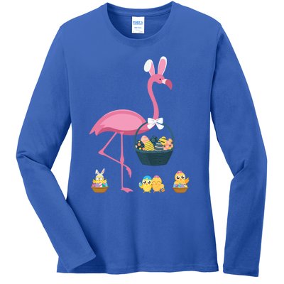 Easter Flamingo Basket Stuffer Rabbit Wading Bird Design Great Gift Ladies Long Sleeve Shirt