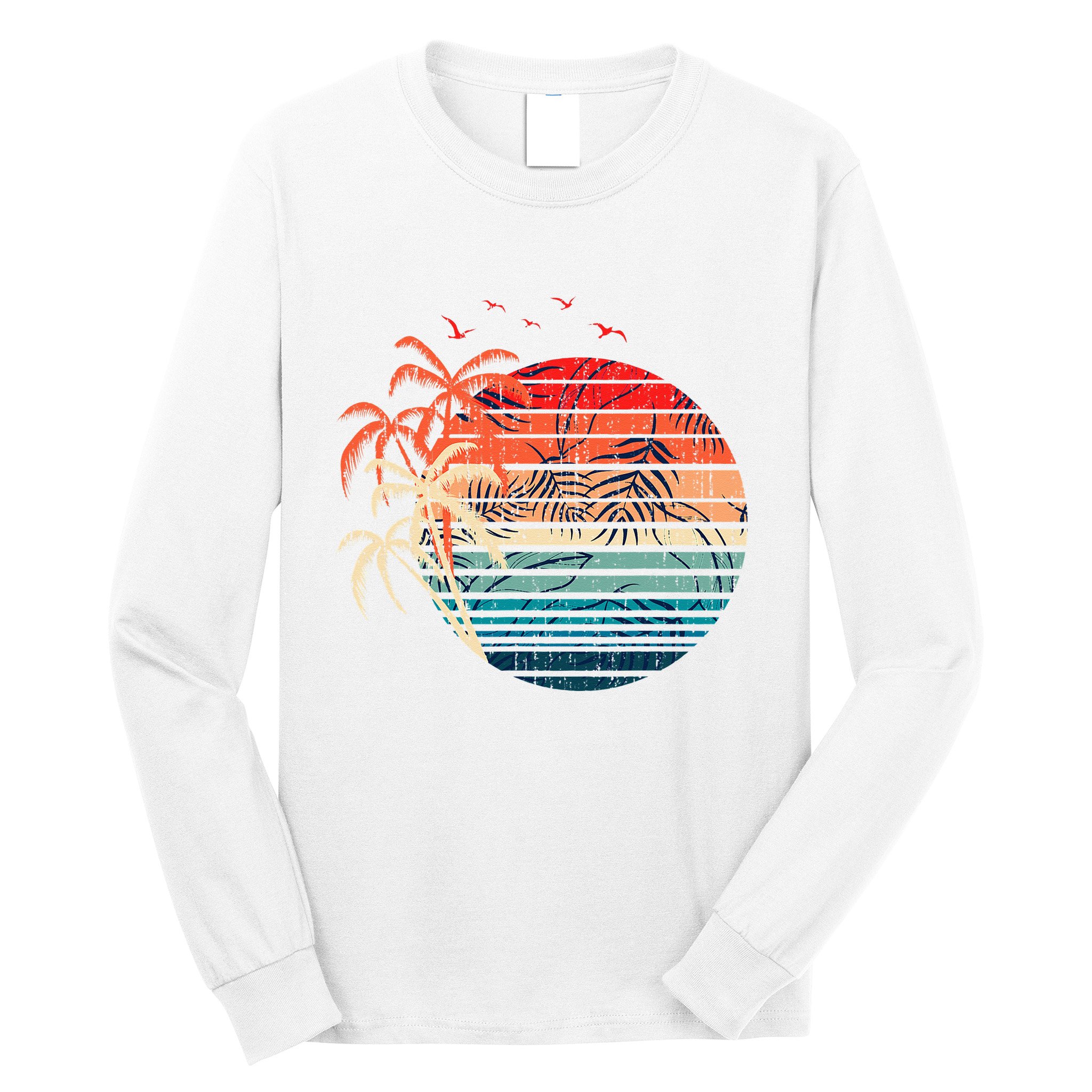 Exotic Flowers Coconut Palm Trees Retro Tropical Summer Long Sleeve Shirt