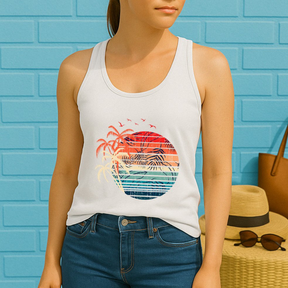 Exotic Flowers Coconut Palm Trees Retro Tropical Summer Womens Tank Top
