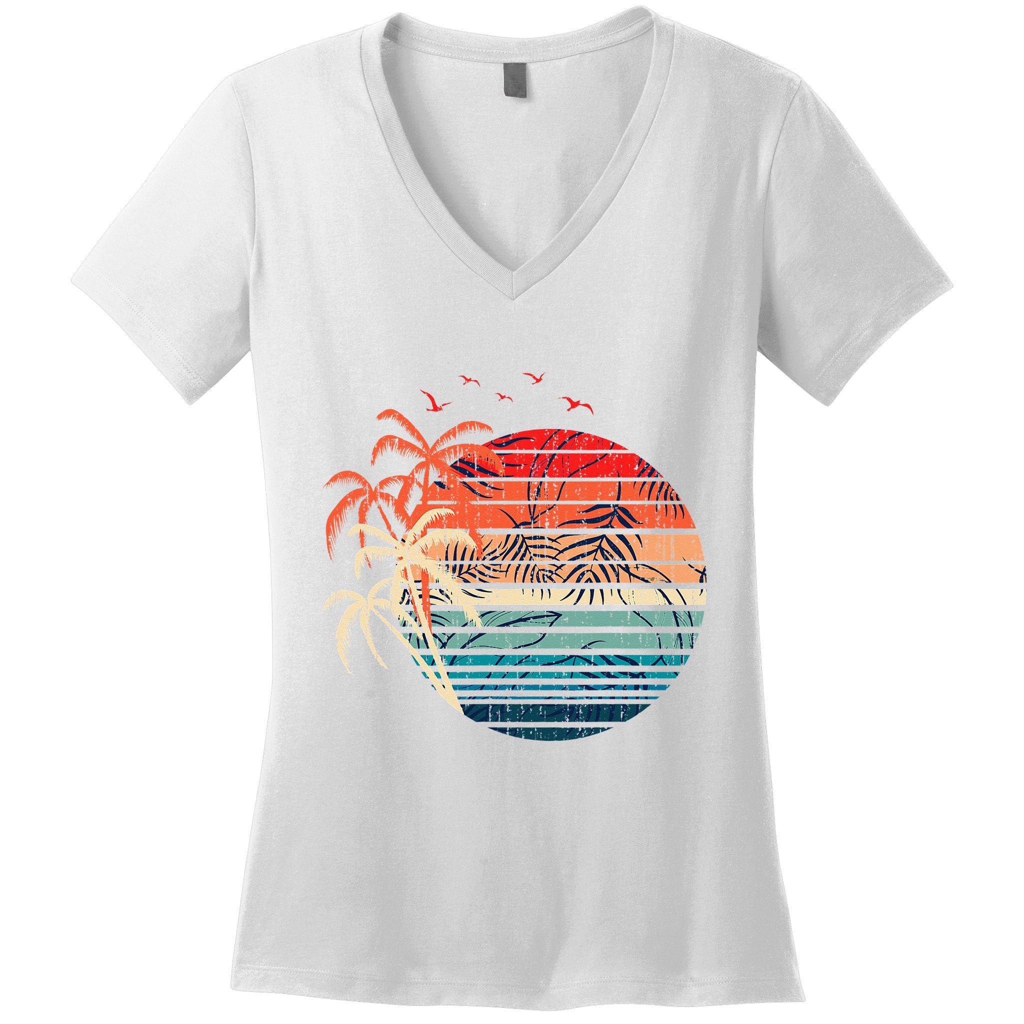 Exotic Flowers Coconut Palm Trees Retro Tropical Summer Women's V-Neck T-Shirt