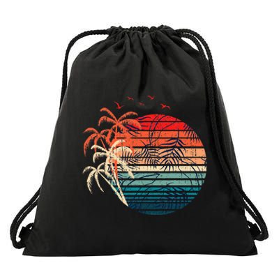 Exotic Flowers Coconut Palm Trees Retro Tropical Summer Drawstring Bag