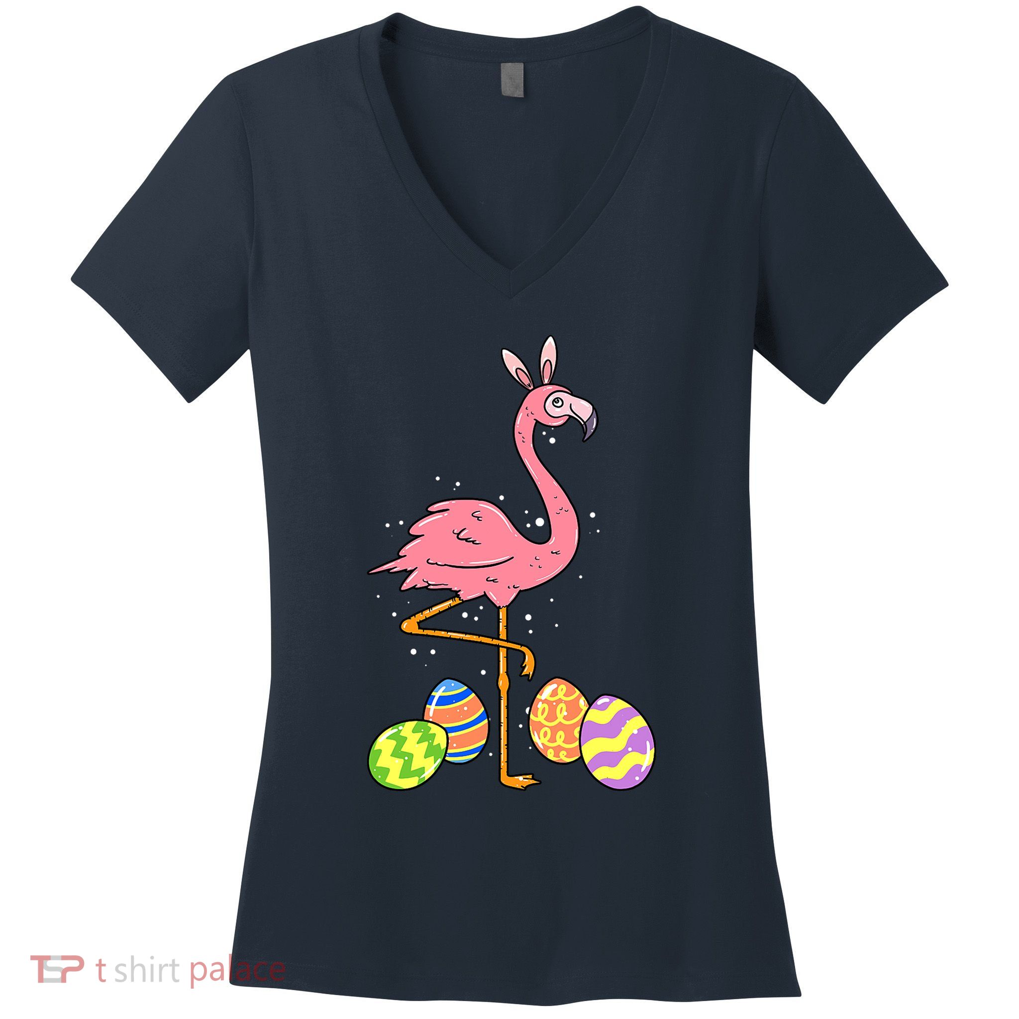 Easter Flamingo Easter Bunny Egg Basket Funny Easter Women's V-Neck T-Shirt