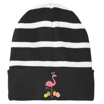 Easter Flamingo Easter Bunny Egg Basket Funny Easter Striped Beanie with Solid Band