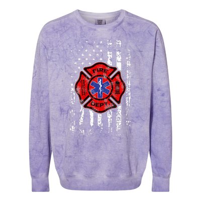 EMT Firefighter Fireman EMS USA Flag Gift Back Colorblast Crewneck Sweatshirt