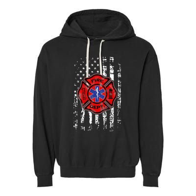 EMT Firefighter Fireman EMS USA Flag Gift Back Garment-Dyed Fleece Hoodie