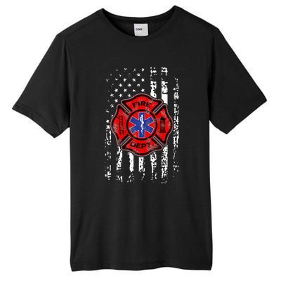 EMT Firefighter Fireman EMS USA Flag Gift Back Tall Fusion ChromaSoft Performance T-Shirt