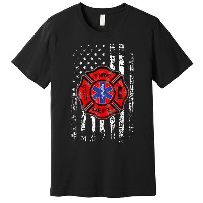 EMT Firefighter Fireman EMS USA Flag Gift Back Premium T-Shirt