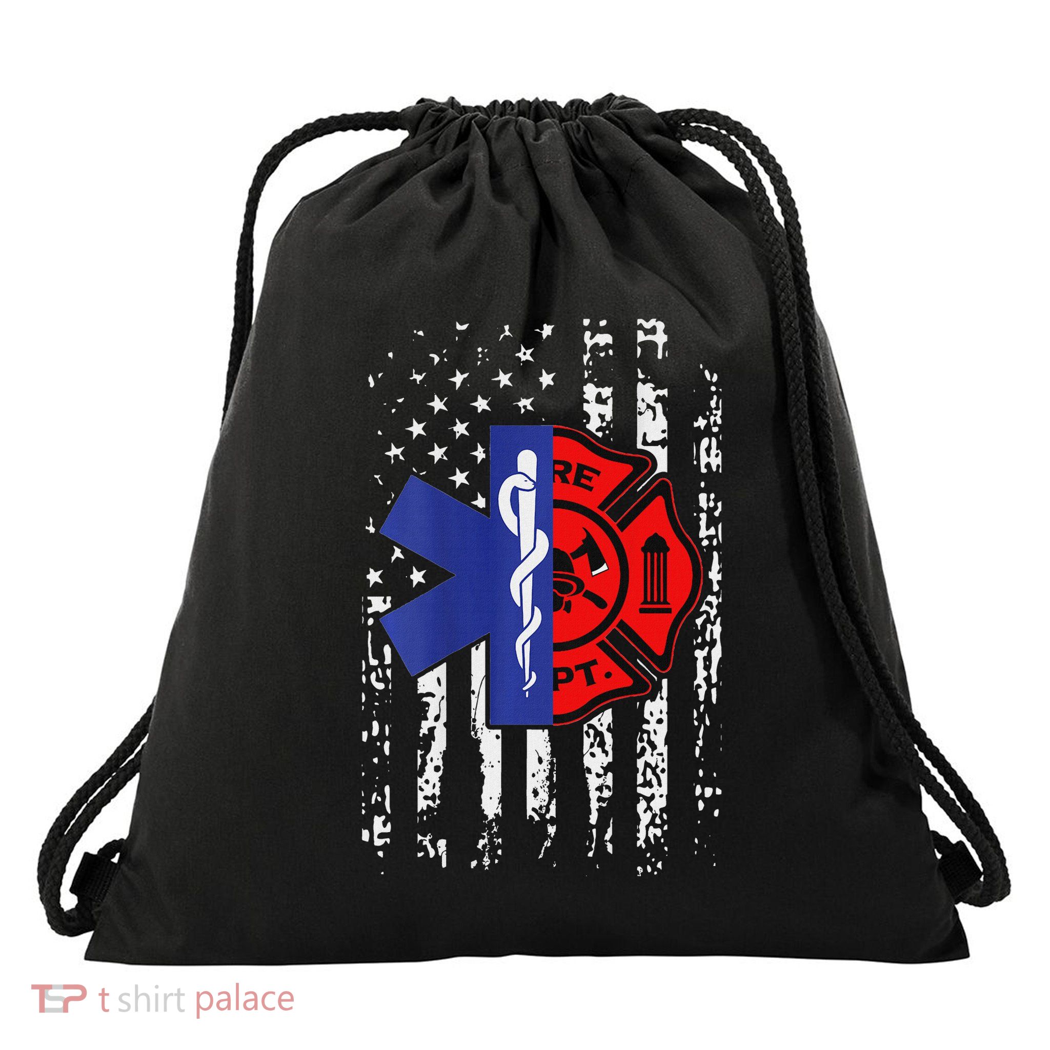 Emt Firefighter Firefighter American Flag Back Print Drawstring Bag