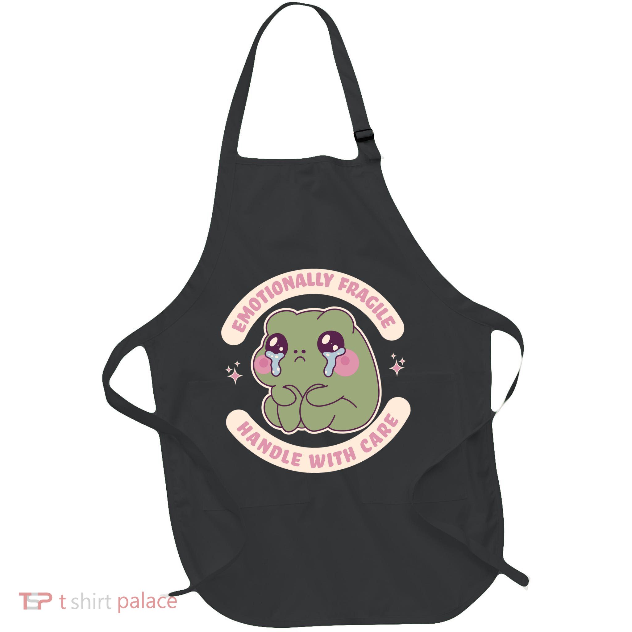 Emotionally Fragile Handle With Care Cute Crying Frog Full-Length Apron With Pockets