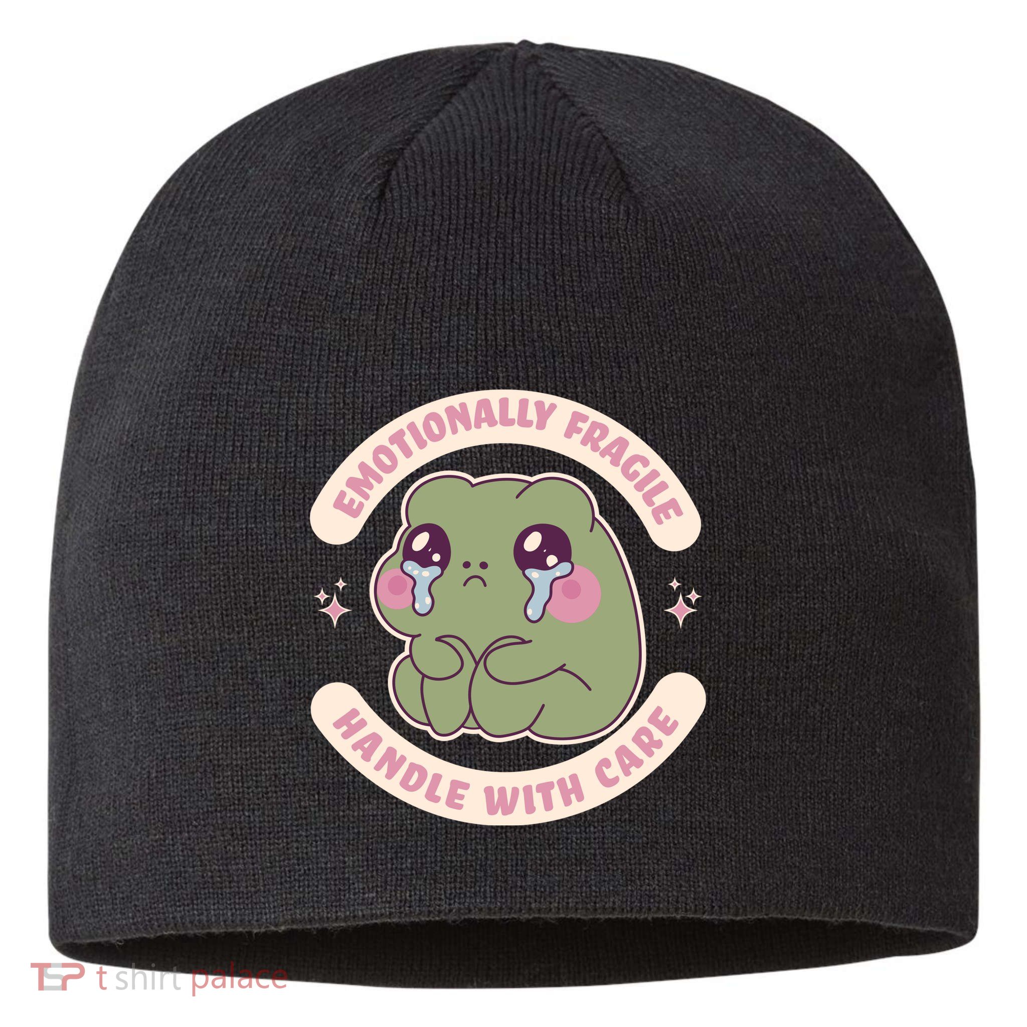 Emotionally Fragile Handle With Care Cute Crying Frog Sustainable Beanie