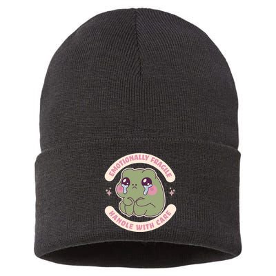 Emotionally Fragile Handle With Care Cute Crying Frog Sustainable Knit Beanie