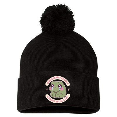 Emotionally Fragile Handle With Care Cute Crying Frog Pom Pom 12in Knit Beanie
