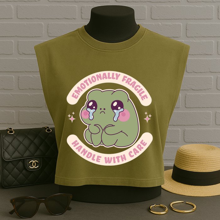 Emotionally Fragile Handle With Care Cute Crying Frog Garment-Dyed Women's Muscle Tee